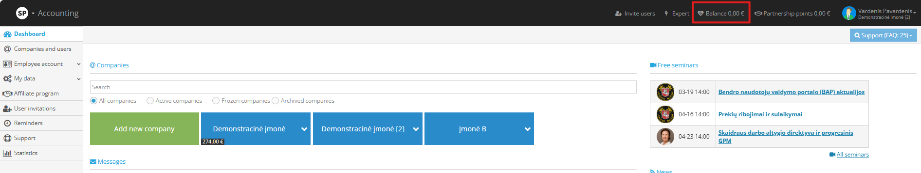 Balance overview in the Site.pro program